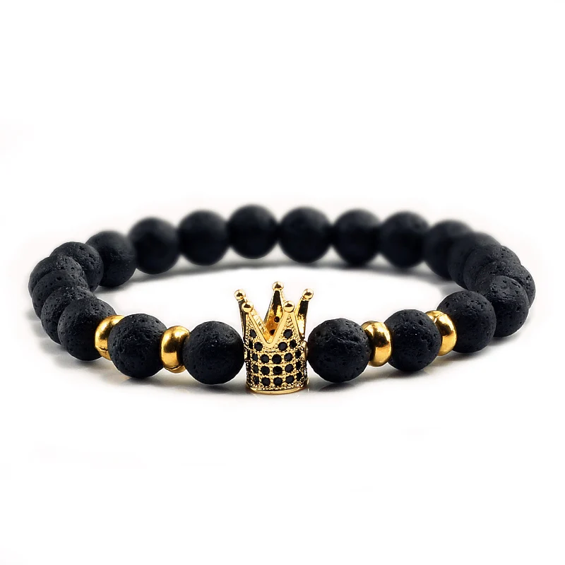 

New Trendy Pave CZ Imperial Crown Leopard Head Charm Bracelets Men Natural Stone Black Lava Volcanic rock Bead Bracelet Pulseras