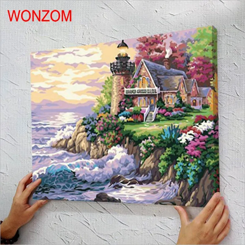 Image wonderland oil painting by numbers diy lakeside villa poster coloring by numbers drawing on canvas unframed quadro cheap