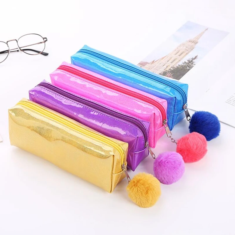 

Holographic Laser Pencil Case for Girls Boys PU School Supplies Bts Stationery Gift School Kawaii Hairball Pencil Box Pencil Bag