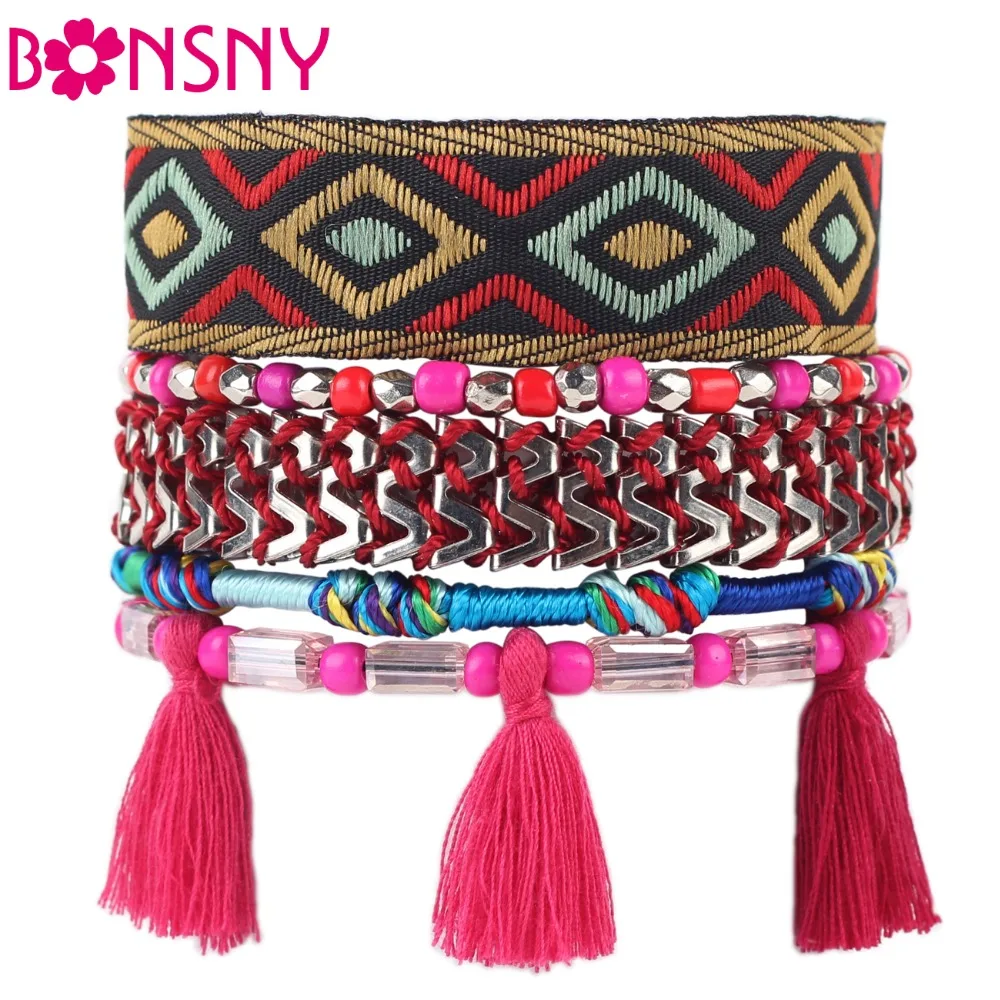 

Bonsny 2016 New Brand Weave Bead Handmade Bracelet Fashion Bohemian Multilayer Tassels Bracelets Bangle Jewelry For Girl Women