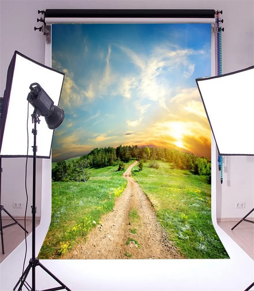 

Photography Backdrop Blooming Flowers Grass Field Blue Sky White Cloud Nature Photo Background