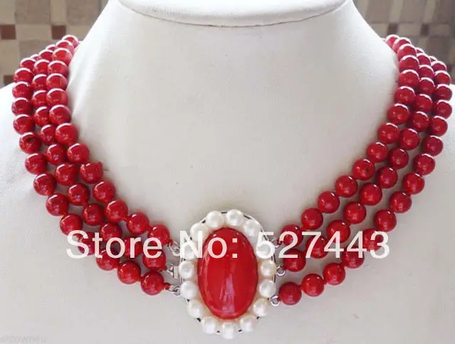 Wholesale Charming !3 Row 8mm Red coral Necklace 17-19"Charming 
Wholesale Charming !3 Row 8mm Red coral Necklace 17-19"Charming