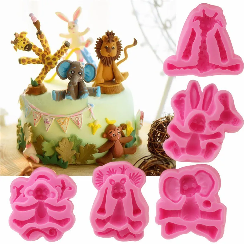 

3D Animal Form Lion Giraffe Rabbit Elephant Monkey Fondant Silicone Molds Chocolate Kitchen Cake Lace Decorating Tools For Resin