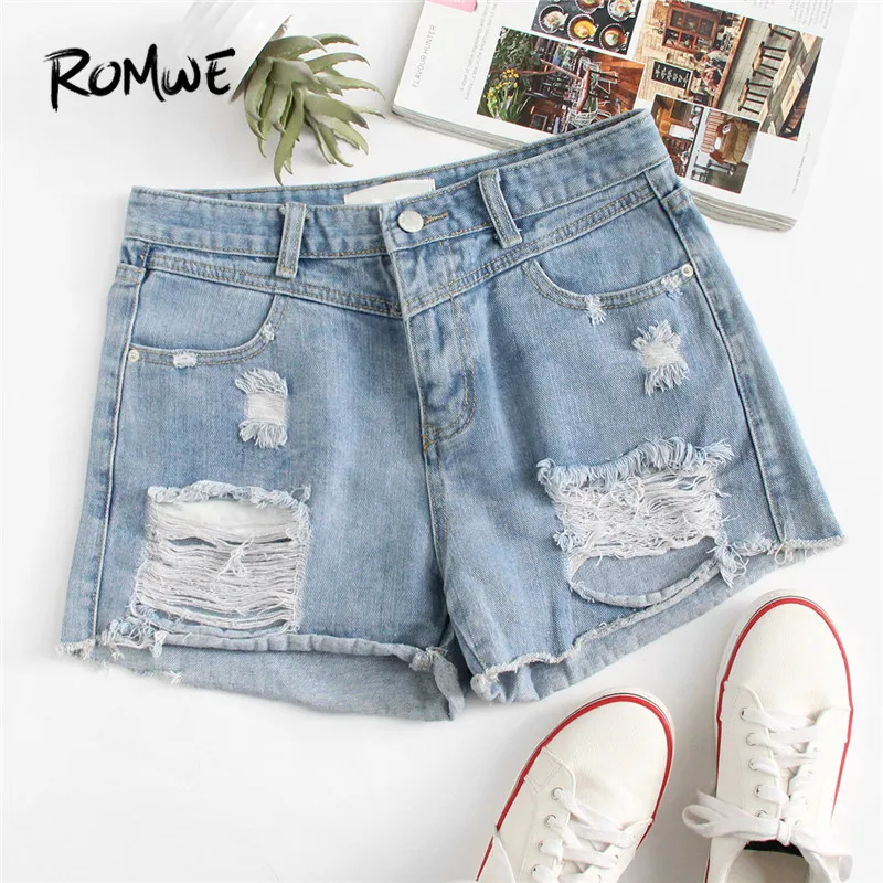 ROMWE Frayed Hem Ripped Denim Shorts Blue Button Fly Mid Waist Shorts Fashion Summer Regular Women Shorts
ROMWE Frayed Hem Ripped Denim Shorts Blue Button Fly Mid Waist Shorts Fashion Summer Regular Women Shorts