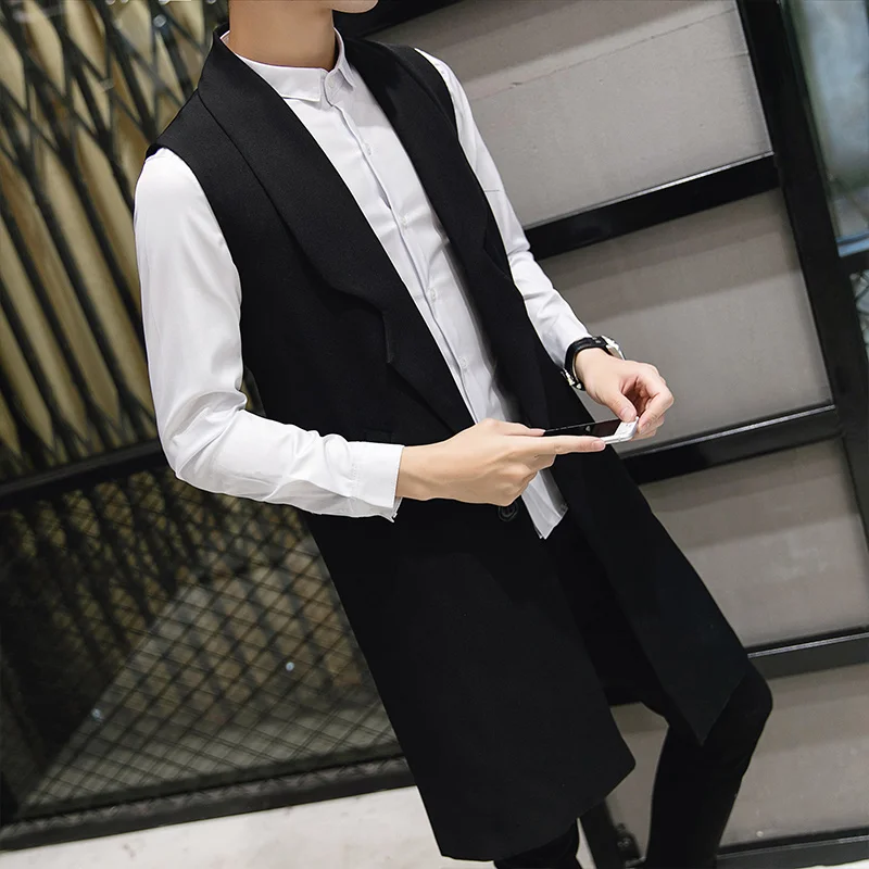 

2016 autumn winter men's medium-long teenage vest boys handsome sleeveless trench outerwear male slim kaross singer ostumes