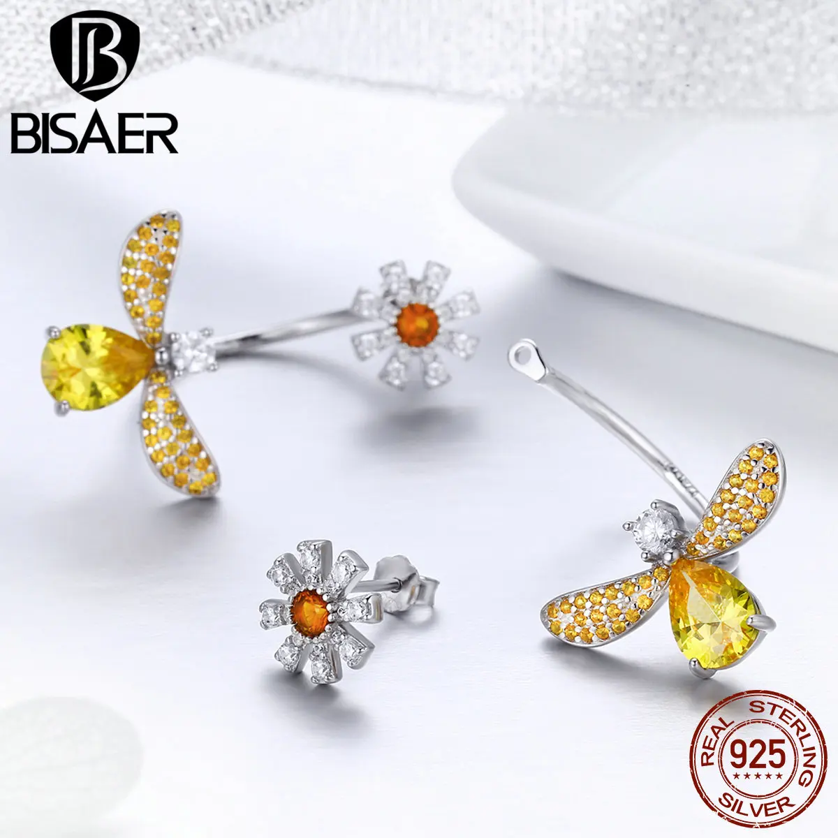 BISAER 925 Sterling Silver Yellow CZ Crystal Bee and Flower Earrings Ring and Necklace Jewelry Sets Statement Women Gifts GUS068
BISAER 925 Sterling Silver Yellow CZ Crystal Bee and Flower Earrings Ring and Necklace Jewelry Sets Statement Women Gifts GUS068