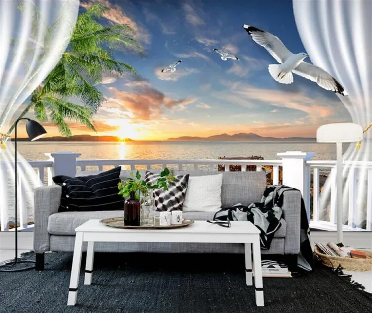 

Custom Photo Wall Paper 3D Balcony Curtains Sunset Seascape Wall Papers Home Decor Living Room Sofa TV Backdrop Mural Wallpaper