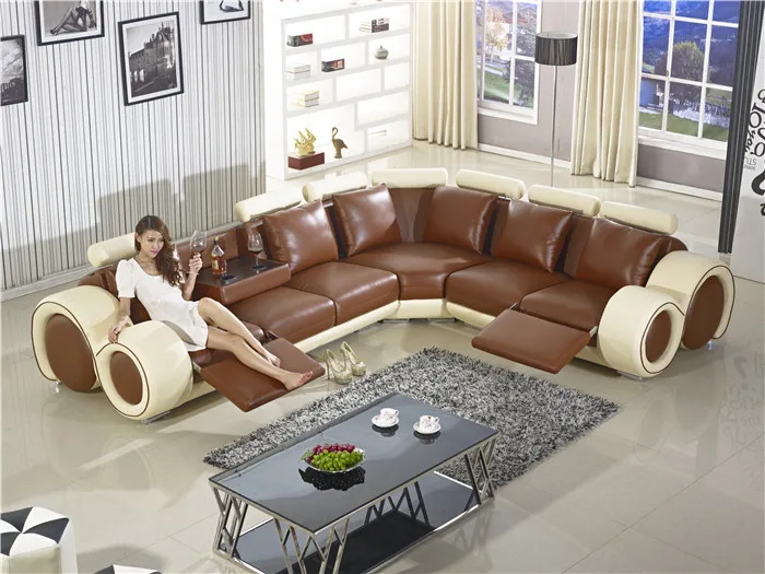 Image New Design Large SIze L Shaped Recliner Sofa, Made in Top Grain Leather Corner Sofa with Recliner Chair Coffee Table Sofa AA002