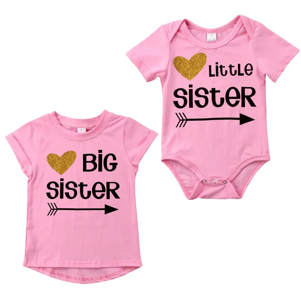 

2018 Newborn Baby Kids Famliy Matching Suit Big Sister Short Sleeves T-shirt Little Sister Pink Romper Sweet Summer Clothing