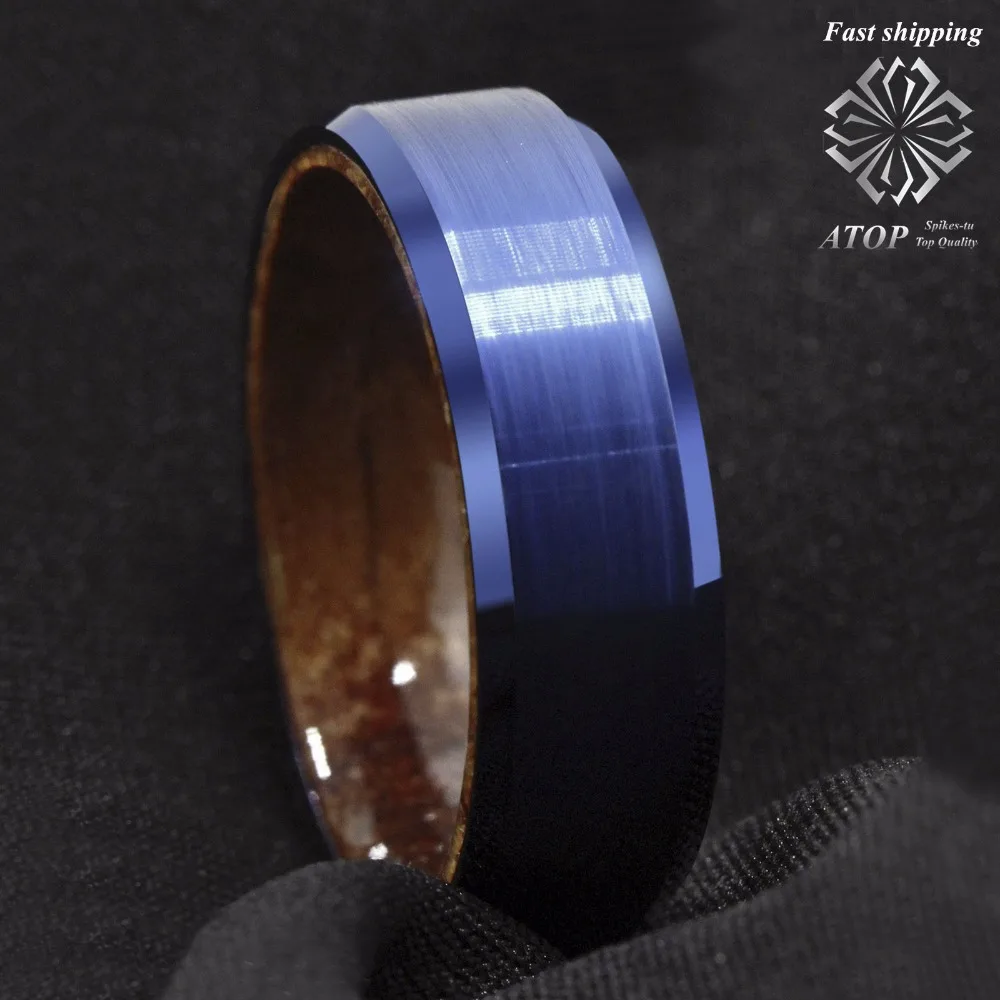 

8mm Blue Brushed Tungsten Red Sandal Wood Inlay Wedding Band Ring Men's Jewelry Free Shipping