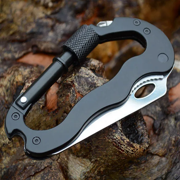 Image Outdoor Multi function EDC Tools 5 in 1 Aluminum Climbing Carabiner Hook Gear Multi Tool Buckle Rock Lock SS