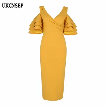 2020 Women Bandge dress Yellow Ruffle Butterfly Short Sleeve Dress Summer V-Neck Vestidos Celebrity Party Dress Midi Club Dress
2020 Women Bandge dress Yellow Ruffle Butterfly Short Sleeve Dress Summer V-Neck Vestidos Celebrity Party Dress Midi Club Dress