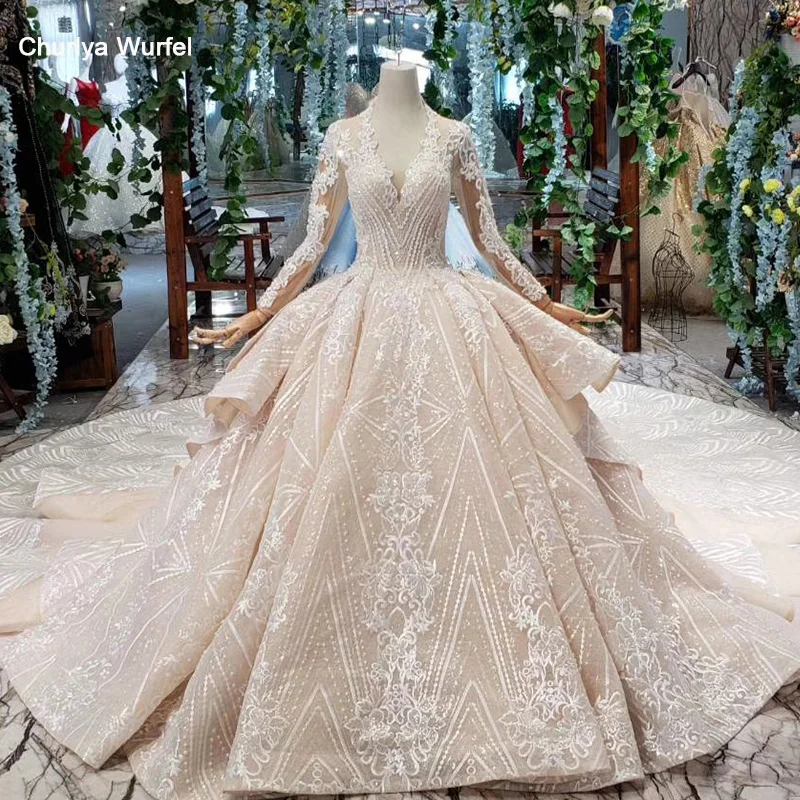 HTL433 long sleeves lace wedding dresses with train v-neck open back puffy ruffle wedding gowns heavy handwork robe de mariee
HTL433 long sleeves lace wedding dresses with train v-neck open back puffy ruffle wedding gowns heavy handwork robe de mariee