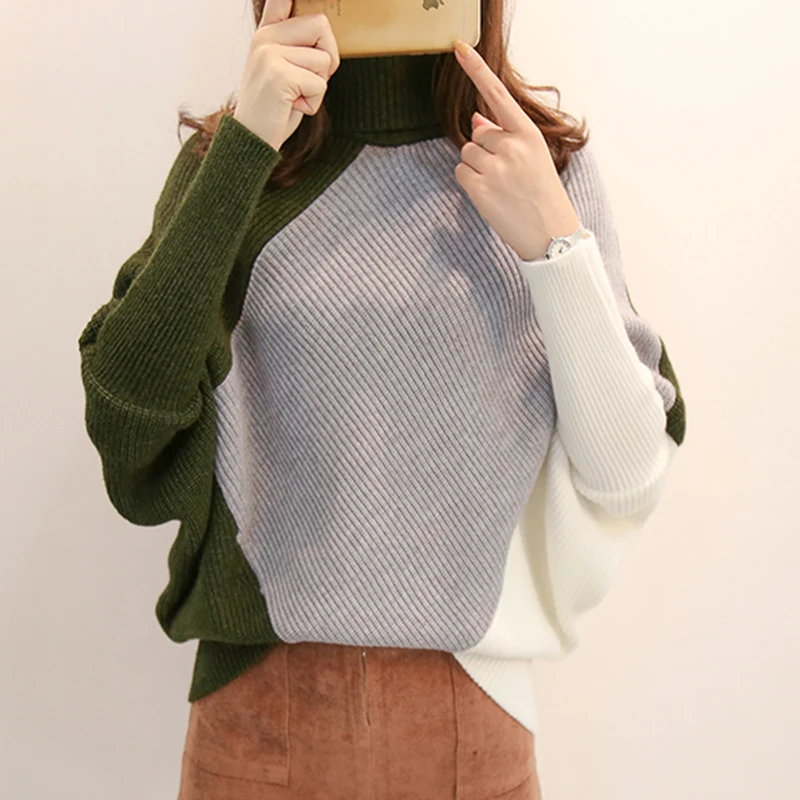 Autumn Women High-neck Sweater Loose 2018 Winter Irregular Stitching Korean Female Bat sleeve Thick Coat NO465 | Женская одежда