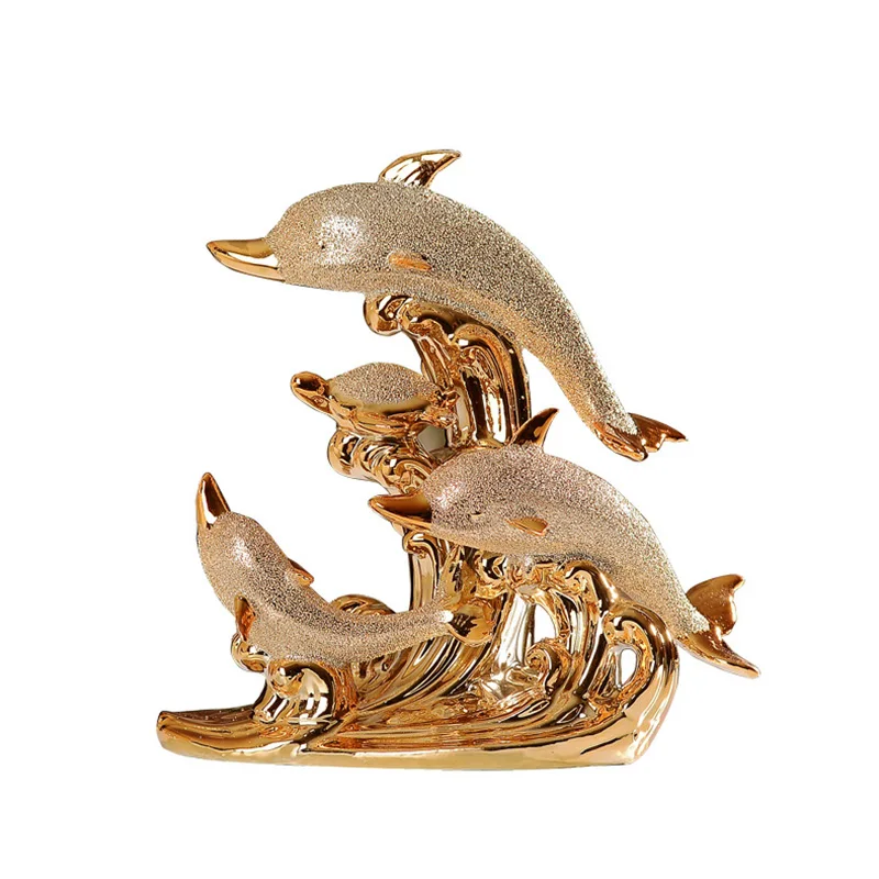 

Modern Wedding Decoration Lovers Wine Cabinet Furnishing Home Decoration Ceramic Craft Gilt Dolphin Bay Love Figurine Ornament