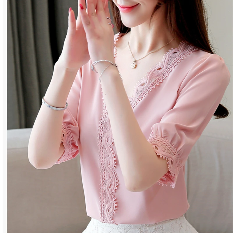 Korean Fashion Lace Chiffon Women Blouse Solid V-Neck Pink Women Shirts Plus Size XXXL Blusas Femininas Elegante Ladies Tops
Korean Fashion Lace Chiffon Women Blouse Solid V-Neck Pink Women Shirts Plus Size XXXL Blusas Femininas Elegante Ladies Tops