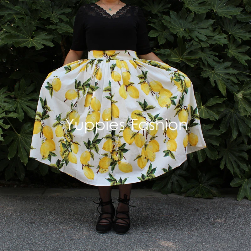 Image Big Sale! 1950s Yellow Lemon Print Skirt High Waist Pleated Full Skirts Vintage Midi Women Skirt Plus Size faldas saia jupe