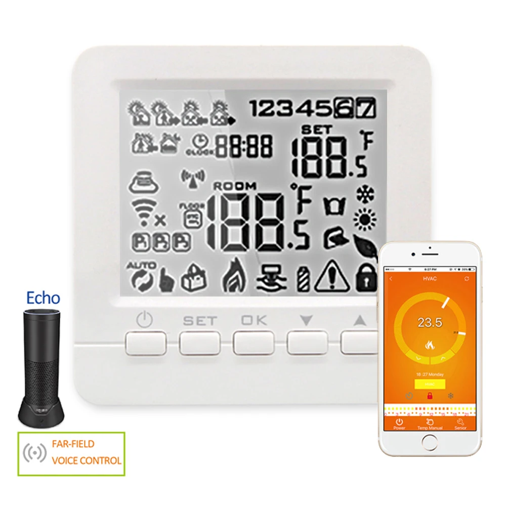 2019 Programmable Smart WiFi Thermostat for Water/Gas Boiler Heating Floor Echo Alexa Voice Control Room Temperature Controller
2019 Programmable Smart WiFi Thermostat for Water/Gas Boiler Heating Floor Echo Alexa Voice Control Room Temperature Controller