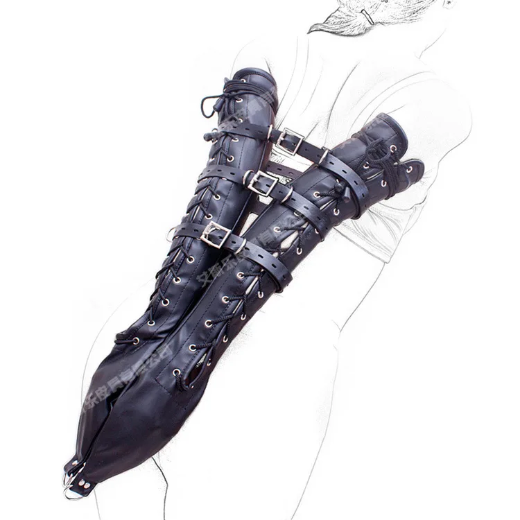 Фото Черная кожаная портупея для бондажа ремни длинные руки манжеты - купить