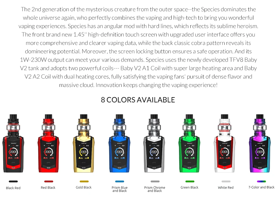 Original SMOK Species Kit 230W With TFV8 Baby V2 Tank +V8 baby V2 A1/A2 Coils Electronic Cigarette smok species smok vape kit