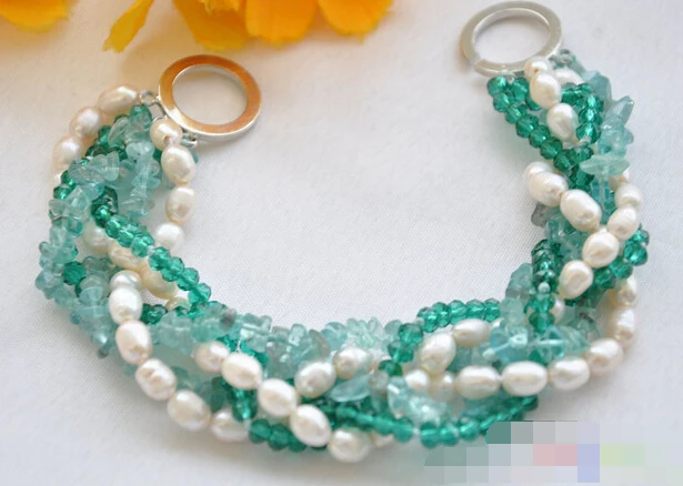 01304 6row white pearl green faceted crystal bracelet 
01304 6row white pearl green faceted crystal bracelet