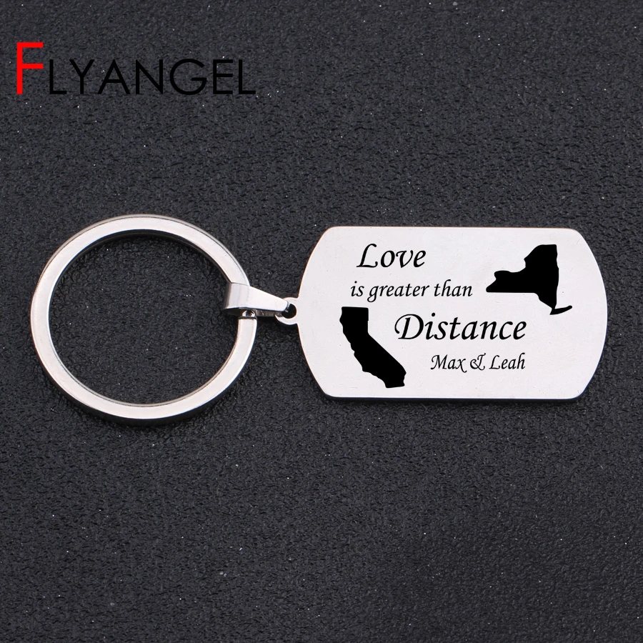 Name Customized Engraved Love Is Greater Than Distance Map Key Chains Long Keyring High Quality Keys Holder Keytag | Украшения и