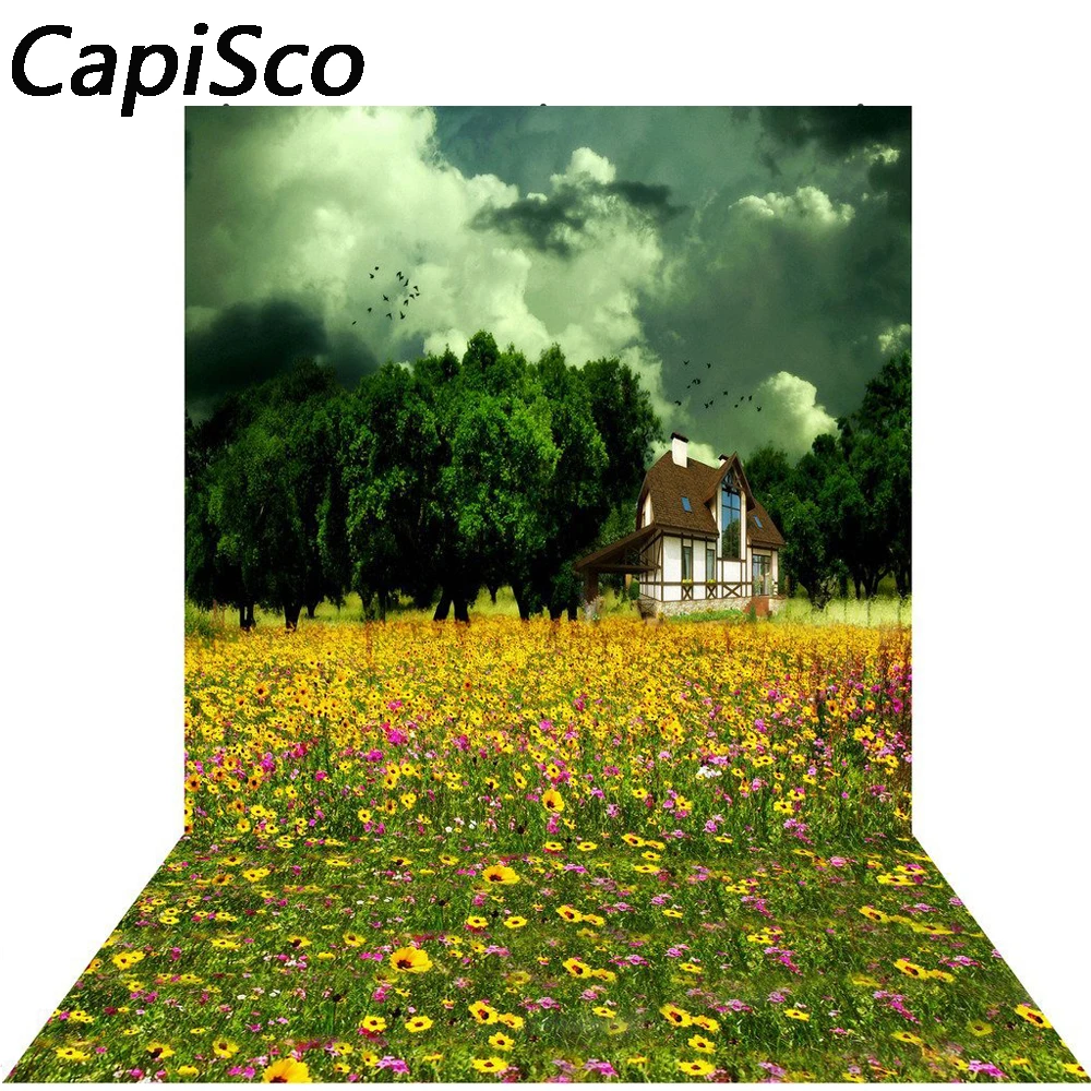 Capisco фоны для фотосъемки Весенний сад цветок трава дерево дом живописные Фото