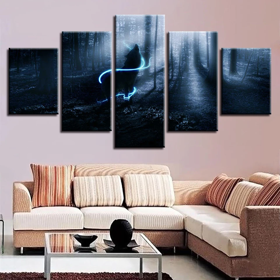 Decor Bedroom Wall Art Modular Framed Painting 5 Pieces HD Printing Animal Wolf Howling In The Forest Night View Canvas Pictures