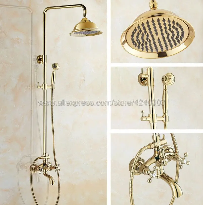 

Gold Color Brass 8" Rainfall Round Showerhead Bathroom Shower Mixer Taps Wall Mount Tub Shower Faucet with Handshowe Kgf443