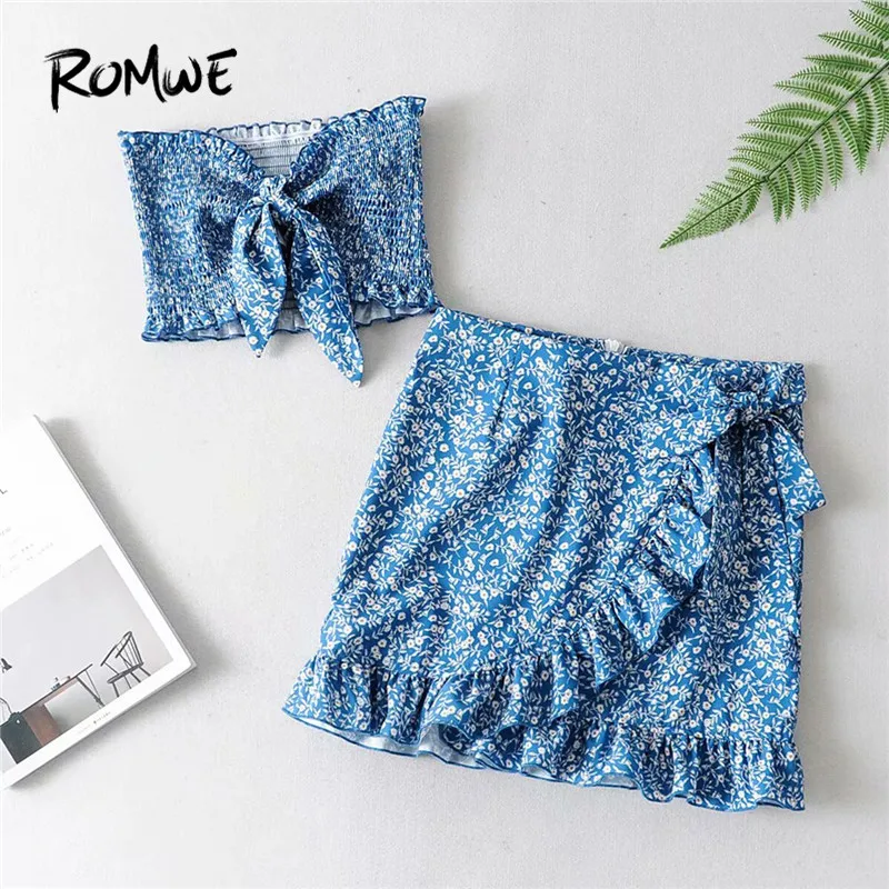 

ROMWE Ditsy Floral Tie Front Shirred Bandeau Top With Ruffle Trim Wrap Skirt Women Boho Sets Beach Style Two Pieces Co-ords