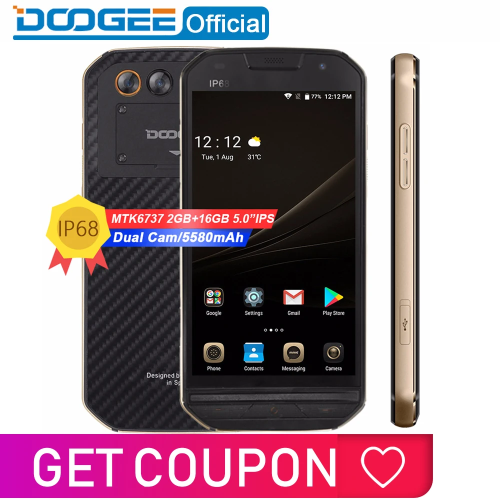 

IP68 DOOGEE S30 Smartphone side fingerprint Dual camera 5580mAh 5V/2A Quick Charge 5.0"HD Android 7.0 2GB RAM 16GB ROM MTK6737