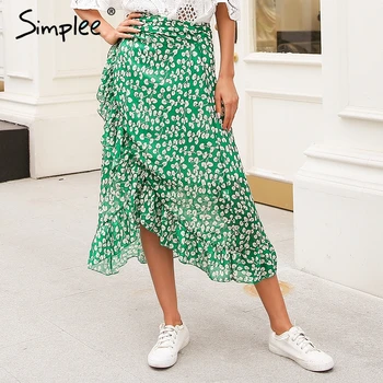 

Simplee Ruffle leaf print wrap skirt women Sash tie up beach summer skirt asymmetric 2018 High waist streetwear long skirt femme