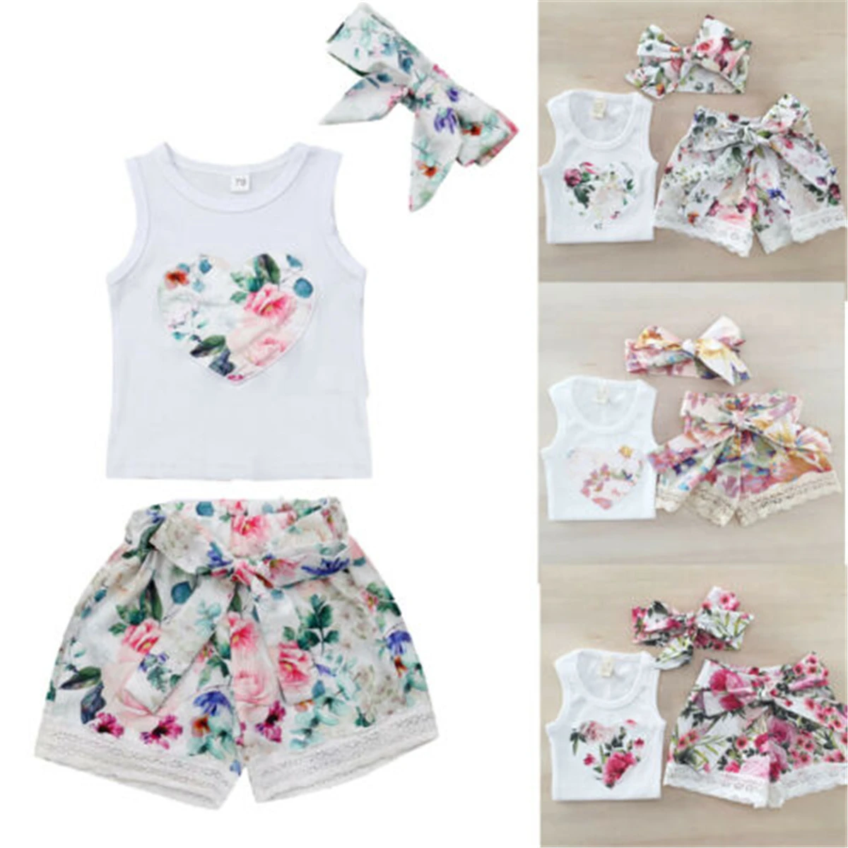 3Pcs Kids Baby Girl Love Flower Lace Side Suit Summer Clothes Tank Crop Top Vest+Shorts Pants+Bow Print Headdress Outfits Set
3Pcs Kids Baby Girl Love Flower Lace Side Suit Summer Clothes Tank Crop Top Vest+Shorts Pants+Bow Print Headdress Outfits Set