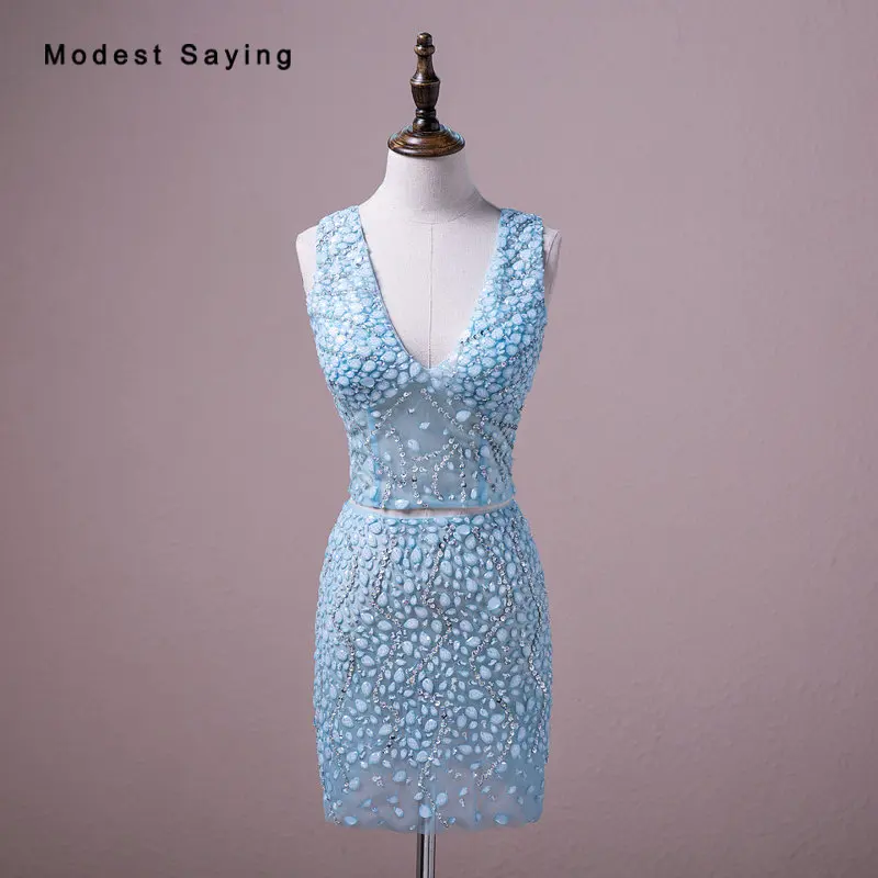 Real Sexy Luxury Party Dresses Sheer Diamond Rhinestone Beaded Mini Cocktail Dresses 2018 Blue V Neck Short 2 Pieces Prom Gowns
Real Sexy Luxury Party Dresses Sheer Diamond Rhinestone Beaded Mini Cocktail Dresses 2018 Blue V Neck Short 2 Pieces Prom Gowns