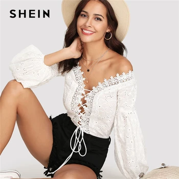 SHEIN Lace Trim Plunge Neck Eyelet Embroidered Bodysuit 2018 Summer Bishop Sleeve Deep V Neck Romper Women White Sexy Bodysuit
SHEIN Lace Trim Plunge Neck Eyelet Embroidered Bodysuit 2018 Summer Bishop Sleeve Deep V Neck Romper Women White Sexy Bodysuit