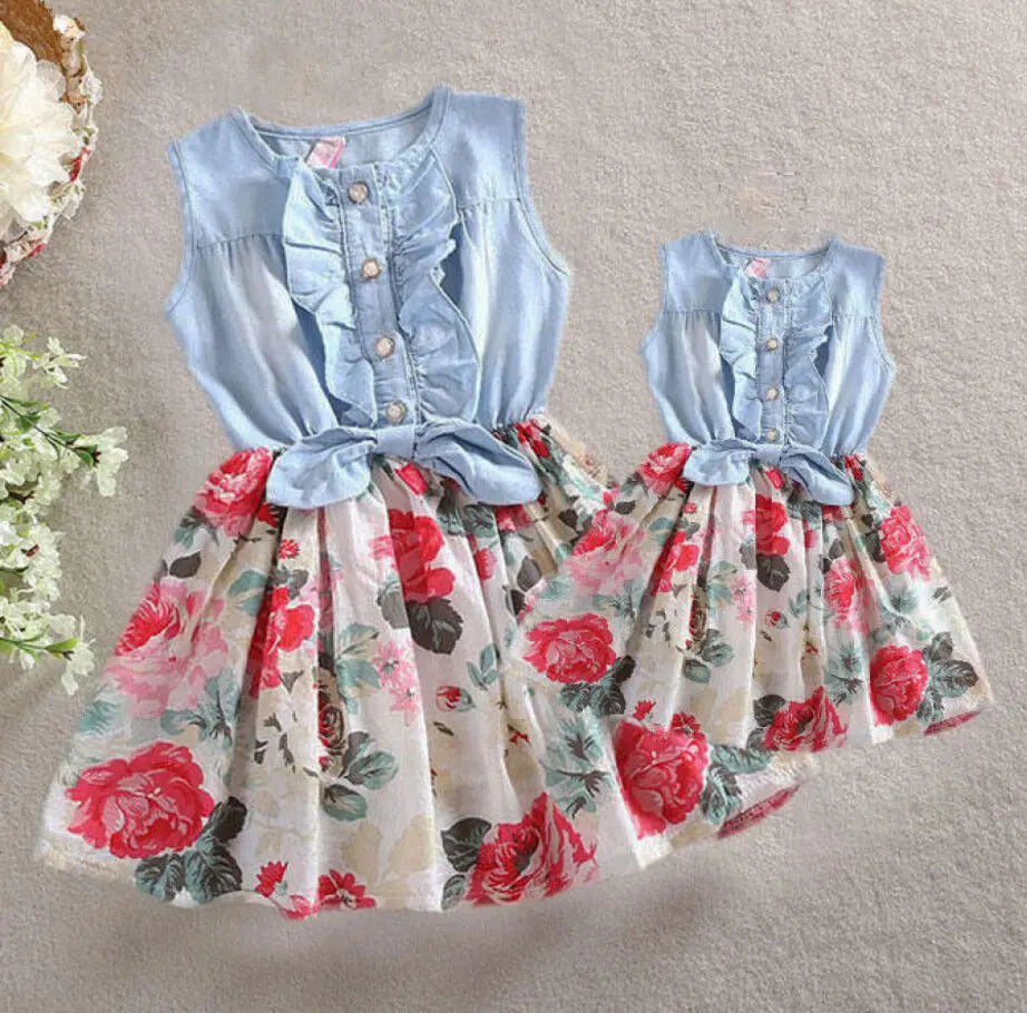 US Stock Mother Daughter Boho Floral Long Skirt Family Matching Dress Sundress