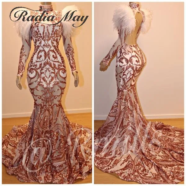 Sparkly Rose Gold Sequin Mermaid Prom Dresses with Feathers Long Sleeve High Neck Backless African Vestidos de graduacion largos
Sparkly Rose Gold Sequin Mermaid Prom Dresses with Feathers Long Sleeve High Neck Backless African Vestidos de graduacion largos