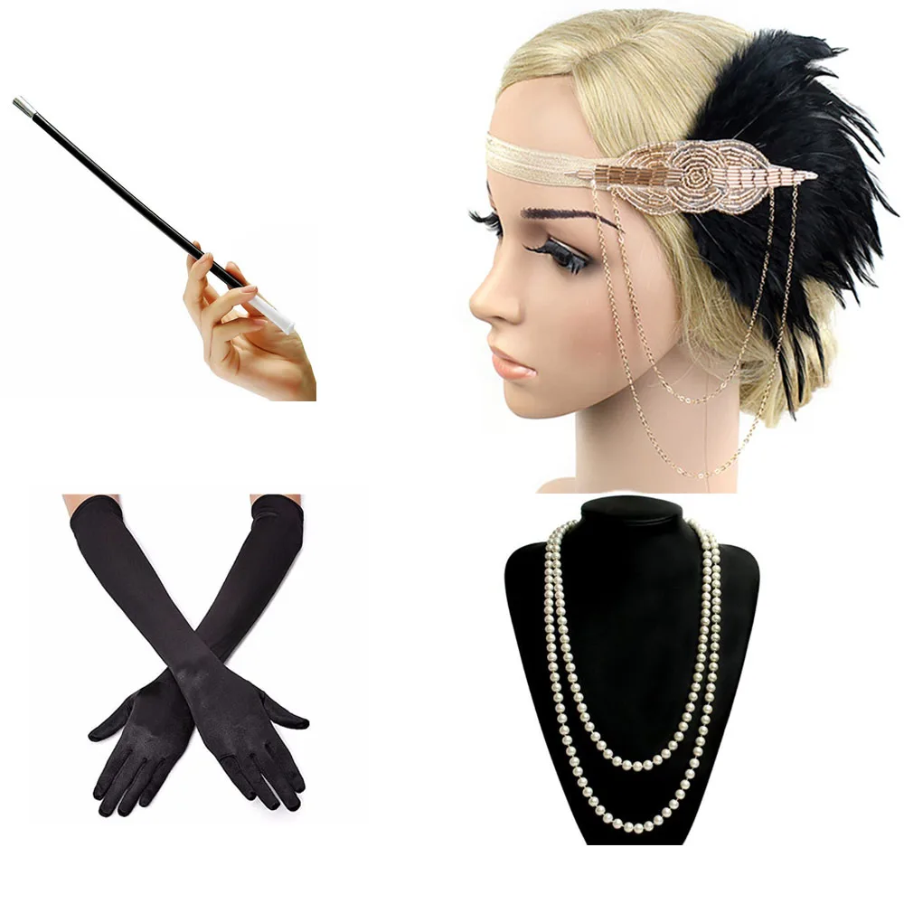 4 Pcs/Set 20s Flapper Feather Headband Pearl Necklace Gloves Cigarette Holder 1920s Great Gatsby Party Costume Accessories Set
4 Pcs/Set 20s Flapper Feather Headband Pearl Necklace Gloves Cigarette Holder 1920s Great Gatsby Party Costume Accessories Set
