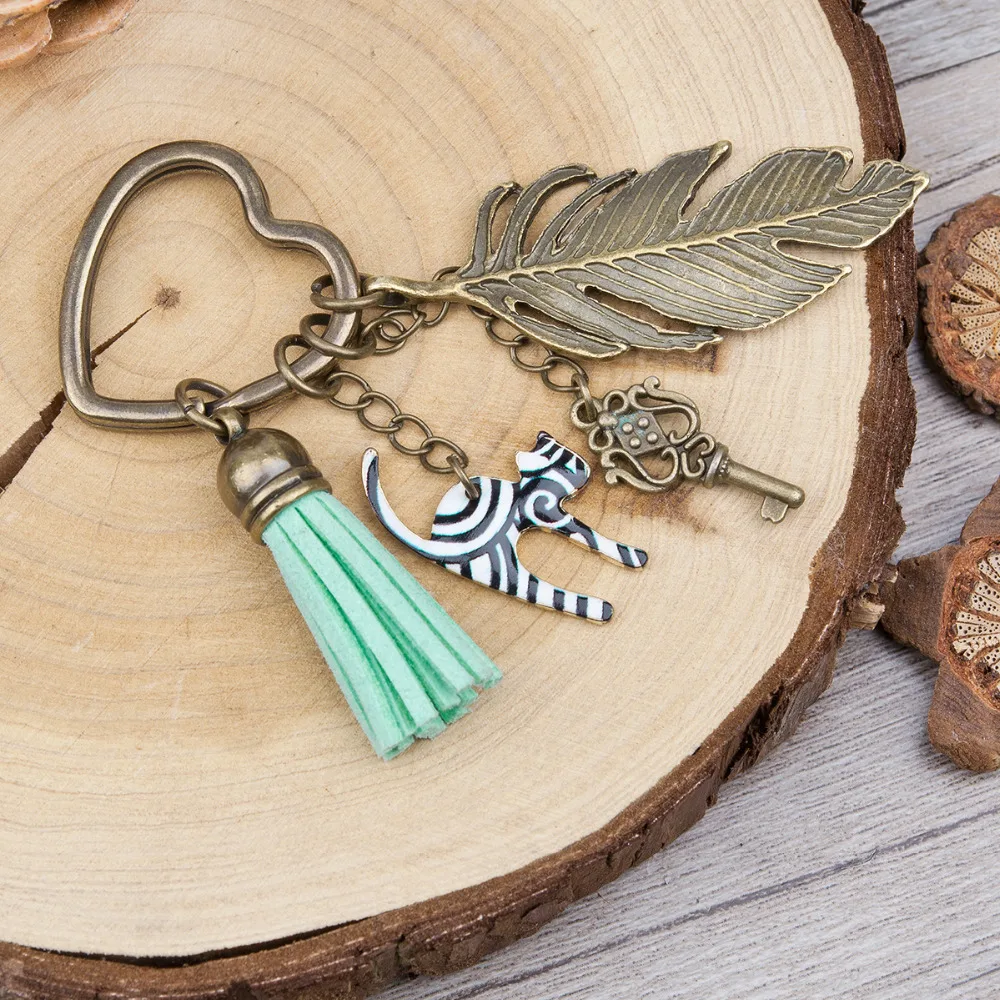 Doreen Box Antique Bronze Key Chains&Key Rings vintage feather heart Key Pendant Stripe Cat Tassel Pendants Mint Green Keychain 4