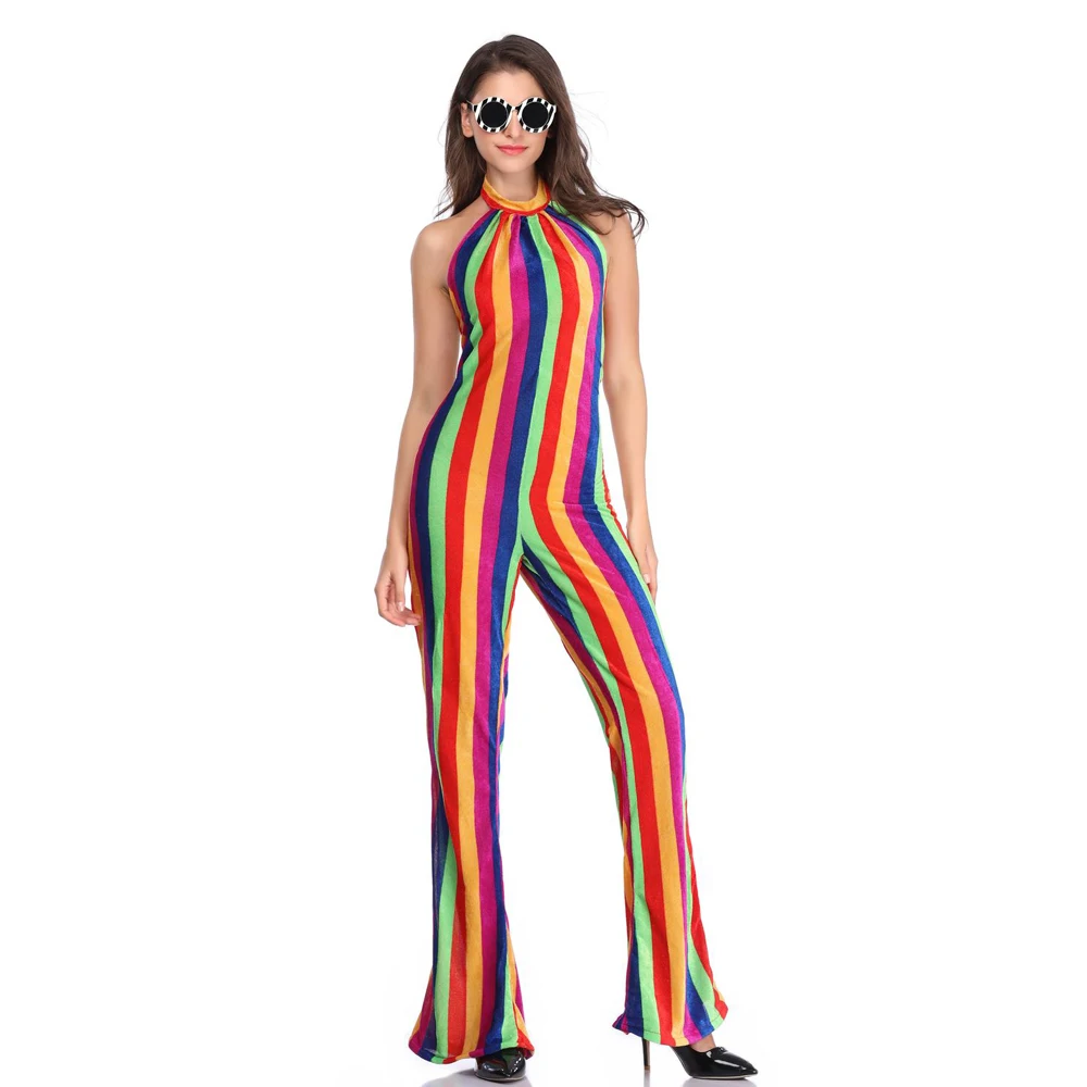 

Rainbow Striped Sexy Beach Jumpsuit For Women Off Shoulder Backless Wide Leg Romper Summer Halter Sleeveless One Piece Bodysuit