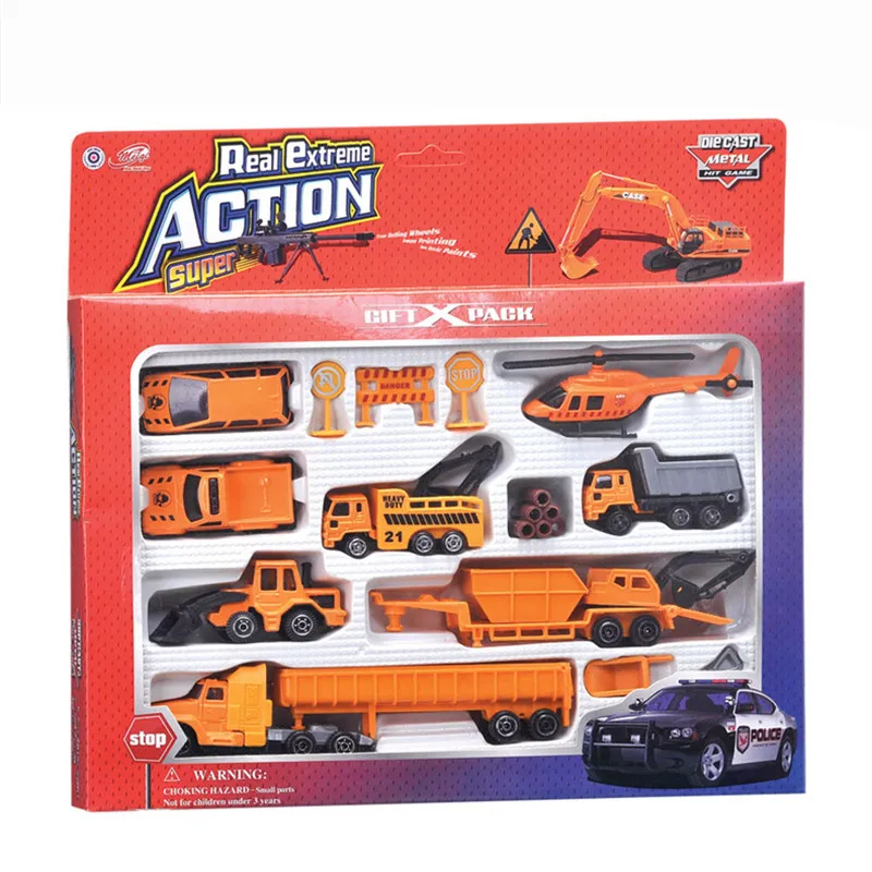 Image Kids toys Alloy and plastic car model suits truck set excavator model toys 14pcs box truck bulldozer excavator helicopter