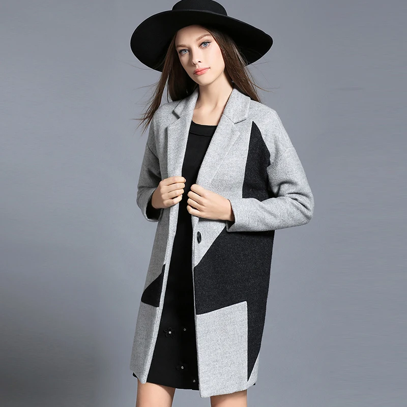 Image 2017 New Arrival Winter Women s Casual Woolen Coat Camel Gray Plus Size Outerwear Patchwork Jacket For Lady Woman Clothing L 4XL