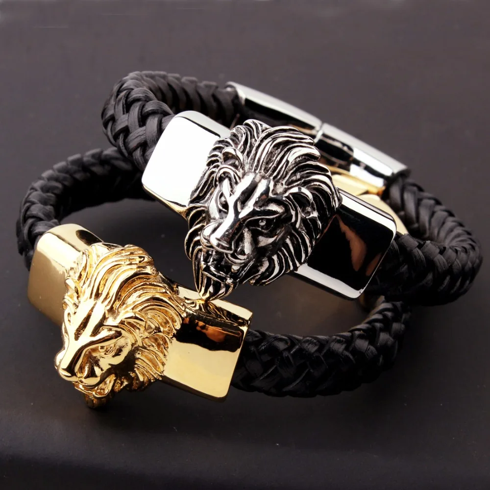 Hot Sale 15mm Wide Men's Biker Men's Lion Head Popular Stainless Steel Silver Gold Color Bracelet High Quality Black Leather
Hot Sale 15mm Wide Men's Biker Men's Lion Head Popular Stainless Steel Silver Gold Color Bracelet High Quality Black Leather