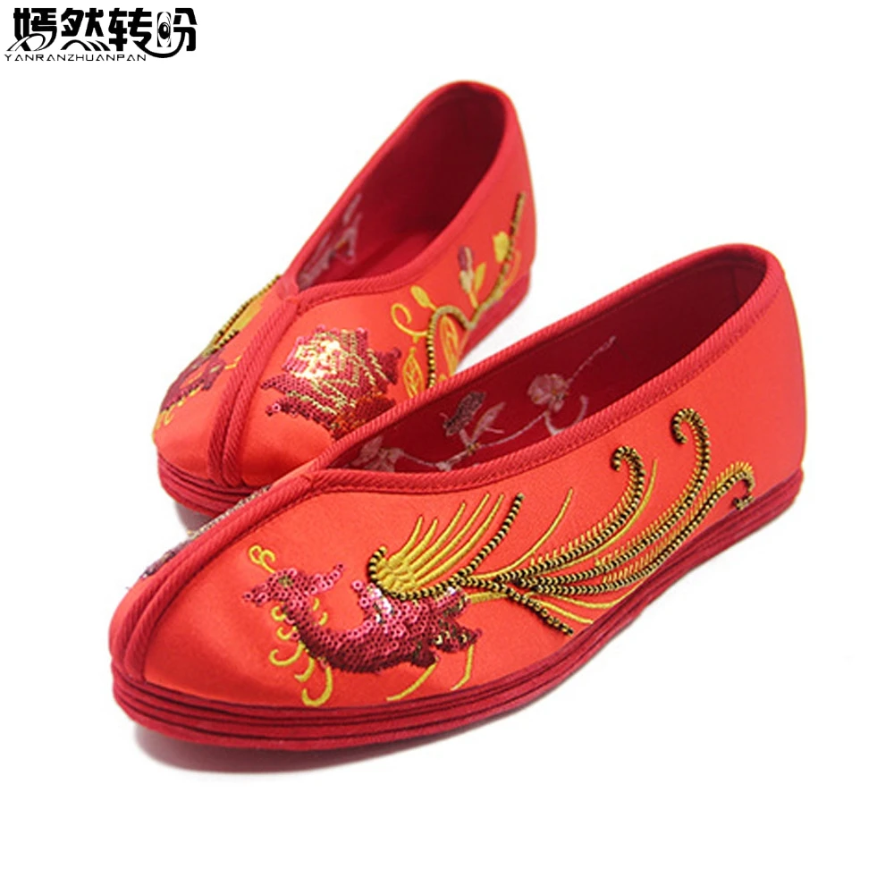 Chinese Women Flats Bride Red Shoes Satin Dragon Phoenix Embroidered Sequins Beaded Wedding Shoes National Ballet Shoes Woman
Chinese Women Flats Bride Red Shoes Satin Dragon Phoenix Embroidered Sequins Beaded Wedding Shoes National Ballet Shoes Woman