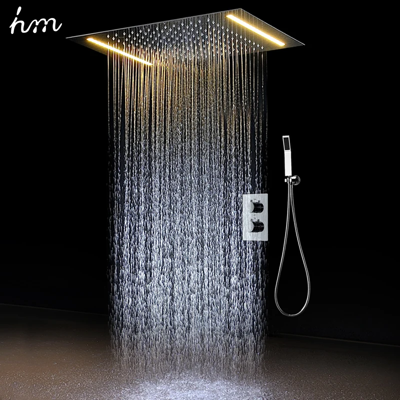 

hm 2 Ways Luxury Ceiling Mounted Led Shower Set Thermostatic Mixer Bathroom Rainfall ShowerHead 360*500mm Color Faucets System
