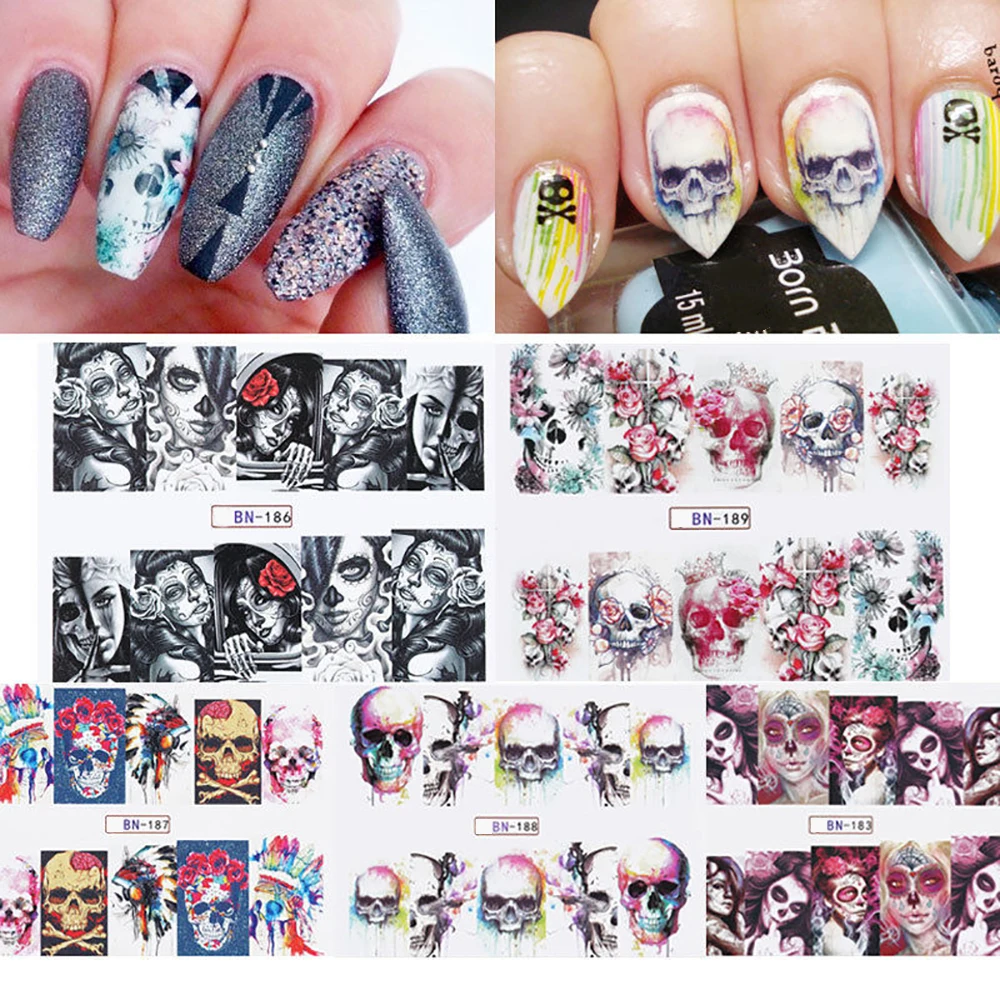 Professional Nail Art Sticker Water Decals Transfer Stickers Halloween Skulls 5 Sheet/set
Professional Nail Art Sticker Water Decals Transfer Stickers Halloween Skulls 5 Sheet/set