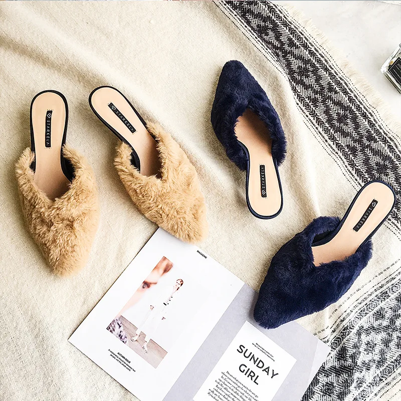 

Famous design real fur outing slides women shoe cat heels pointed toe mules sandals ladies ins hot popular furry v open slippers