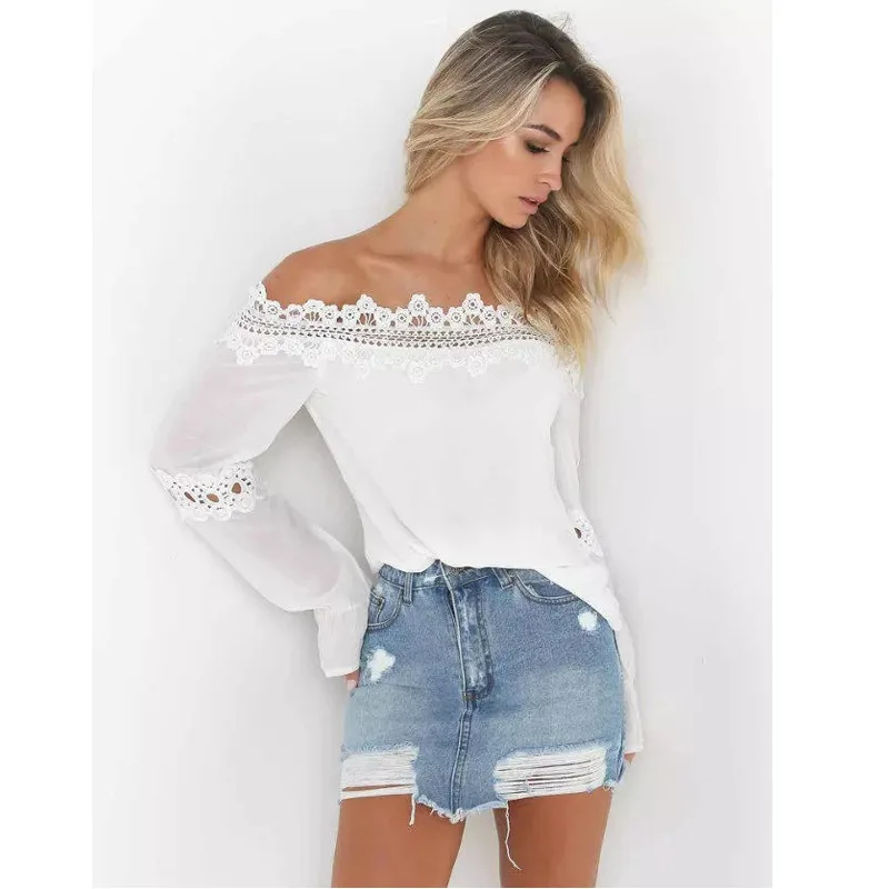Explosive European and American wind-bud stitching one-word collar long-sleeved shirt women blouses blusas mujer de moda
Explosive European and American wind-bud stitching one-word collar long-sleeved shirt women blouses blusas mujer de moda