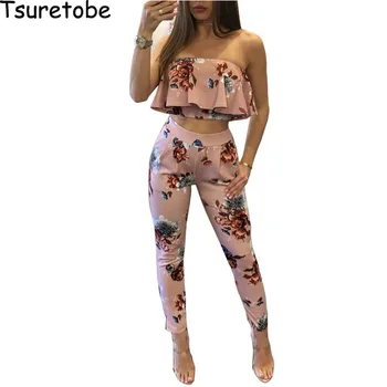 Tsuretobe Off Shoulder Sexy Floral Print Two Piece Backless