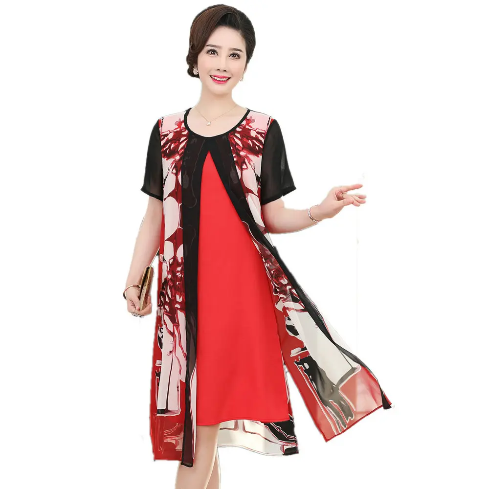 Elegant Women Summer Dresses Fake 2pcs Dress Red Blue Print Pattern Side Slit Layered Robe Femme Short Sleeve Slik Dress Female
Elegant Women Summer Dresses Fake 2pcs Dress Red Blue Print Pattern Side Slit Layered Robe Femme Short Sleeve Slik Dress Female